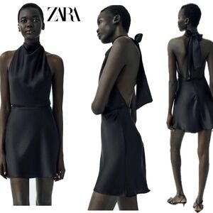 Zara black satin effect draped cowl neck halter top open back mini dress Sz S